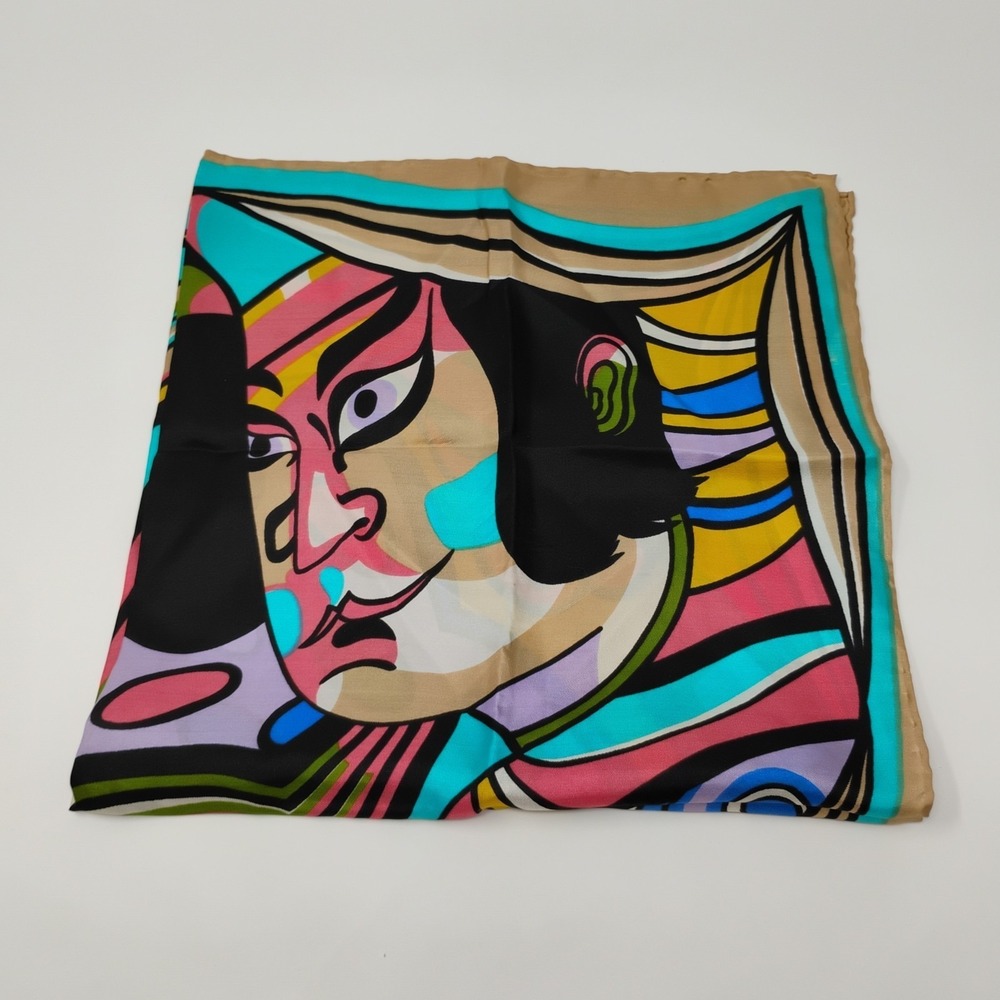 Vintage Oscar de la Renta Silk Scarf Kabuki Print Abstract Multicolor 22" Square